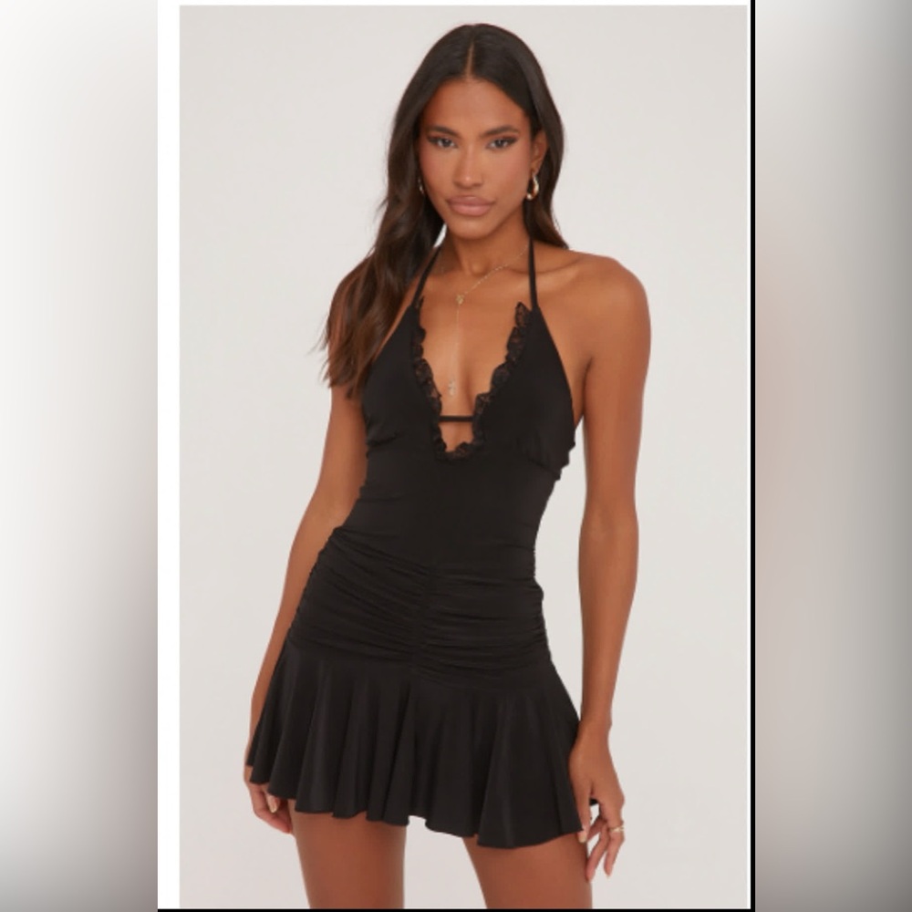 EGO Black Halter Mini Dress with Ruffle Hem